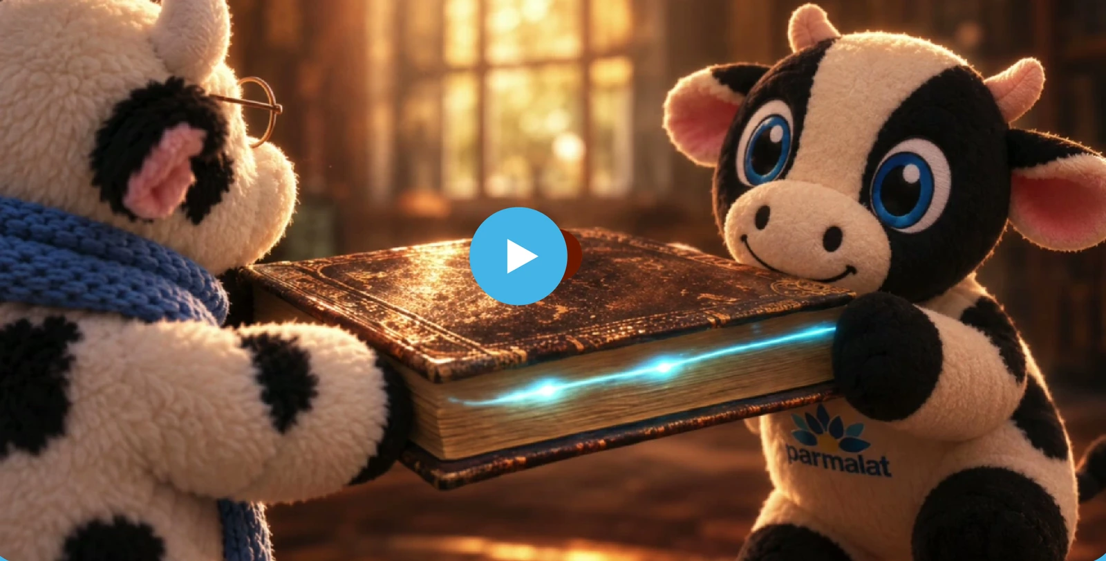 Los peluches Parmalat frente a un libro mágico